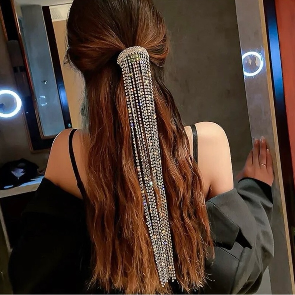 Long Rhinestone Fringe French Barrette